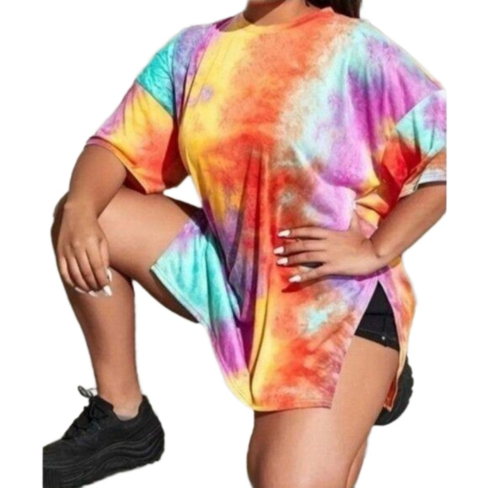 Plus Size Tie Dye Print Slit T-shirt Sz 2X
